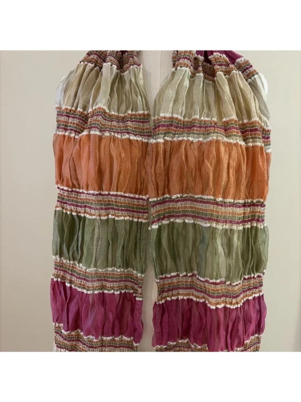 Vintage Fabrikant Crinkled Silk Blend Scarf Wrap Colorful Smocked Embroidered